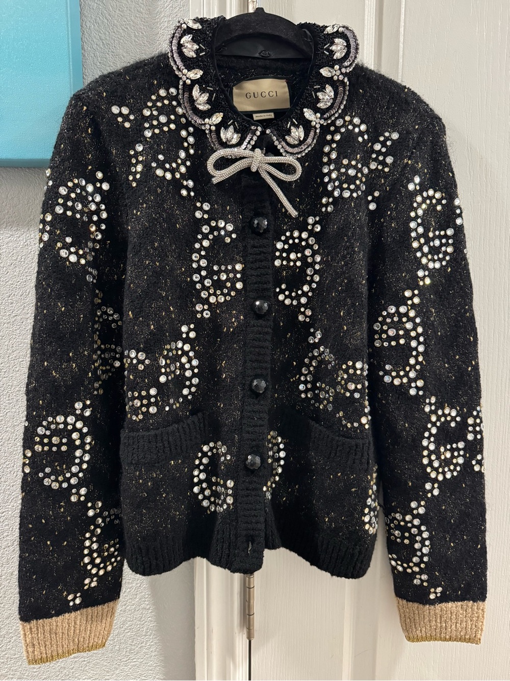 Gucci Black Crystal-Embellished Wool Cardigan with Gold Cuffs